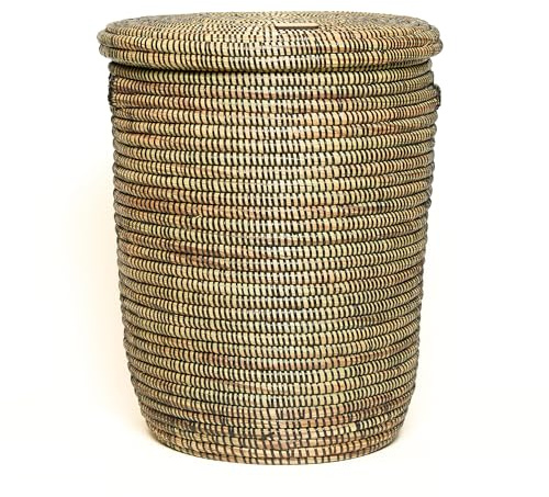 Wäschekorb mit Deckel 42L geflochten als Aufbewahrungskorb für Wäsche | Aufbewahrungskorb, Mit Griffen, Handgeflochten, Vielseitig verwendbar, Rundes Korbdesign, Geruchsreduzierend, Modell jabari