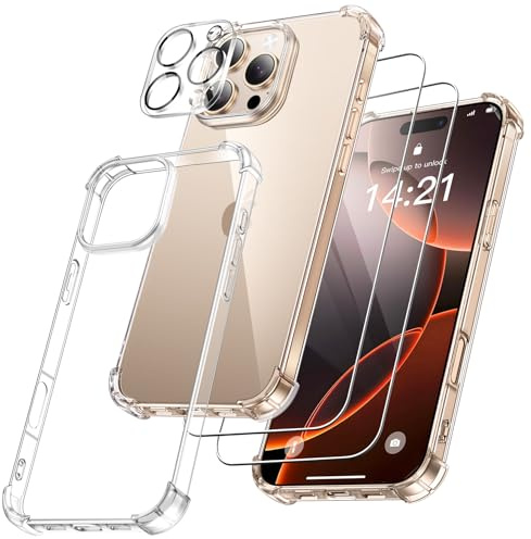 FLLAO 4 in 1 Cover per iPhone 16 Pro con 2 Pellicola Vetro Temperato e 1 Pellicola Protezione Fotocamera, [Protezione Antiurto Militare] Antishock Custodia per iPhone 16 Pro, Trasparente