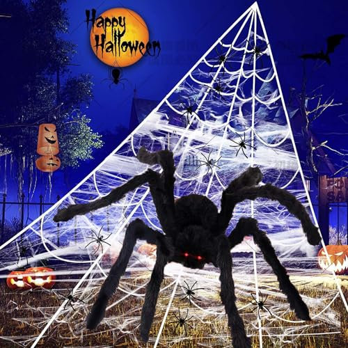 Motive Life Spinnennetz Halloween 700cm mit Riesenspinne 150cm,30 Kleine Spinnen und 40g Künstliche Seide Spinnweben,Gruselige Halloween Deko Outdoor Innen und Garten