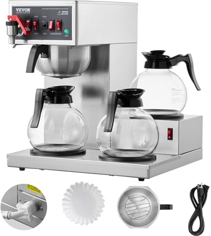 VEVOR Macchina da Caffè con Filtro Commerciale 12 Tazze, Macchina da Caffè con 3 Caraffe in Vetro, 3 Piastre Riscaldanti, Caffettiera a Filtro Commerciale in Acciaio Inox per Ristorante, Ufficio, Bar