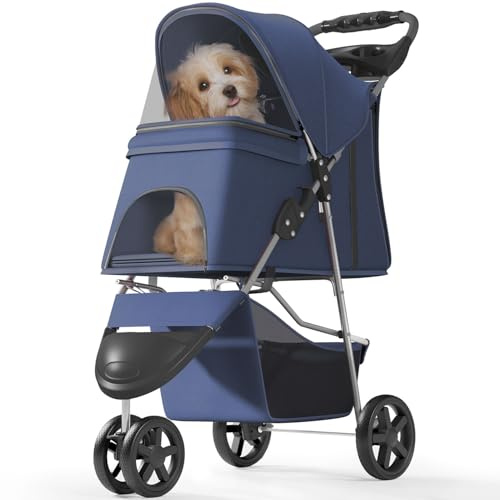 OS MOTOR 3 Wheels Pet Stroller for Small Medium Pets, Navy Blue