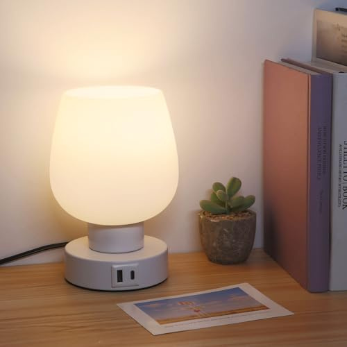 Abat Jour da Comodino Tavolo Moderna e Portatile per La Camera da Letto per Bambini, Abat Jour per La Lettura, Lampada Luci a 3 Temperature con Porte USB C e A, Paralume in Vetro Bianco Lattiginoso
