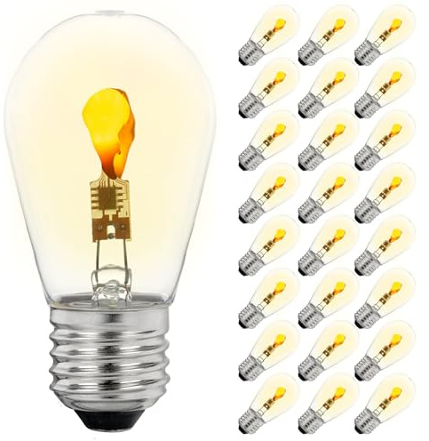 Festive Living Flicker Flame S14 - Bombillas LED para cadena de luces al aire libre, paquete de 25, tono ultra cálido, base E26, 1 W y 30.000 horas de vida útil, resistente a la intemperie e