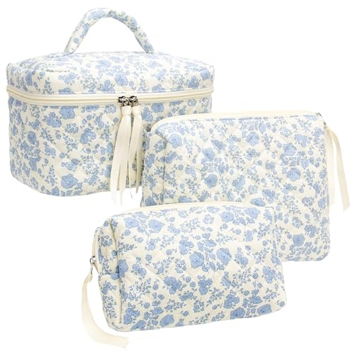 PAZIMIIK 3PCS Makeup Bag SET Large Travel Quilted Zipper Soft Cosmetic Case Pouch for Women Girls Make Up,Little Flower Blue