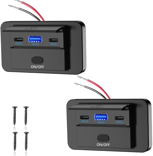 Intckwan 12V USB-Steckdose, 90W, Dreiport-Ladegerät mit simultaner Schnellladung (QC3.0 + 2xPD) und EIN-/Ausschalter, USB-Einbaubuchse für 12–24V Auto, LKW, Boote, Wohnwagen (2 Stück)
