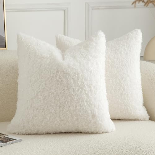 Joyouth 2er Set Curly Teddy Wolle Faux Pelz werfen Kissenbezug Abdeckungen Fuzzy Akzent weiche Sherpa Kissenbezüge Schaffel Fleece Dekorative Kissen Fall für Sofa Couch Wohnzimmer 45x45 cm Reines Weiß