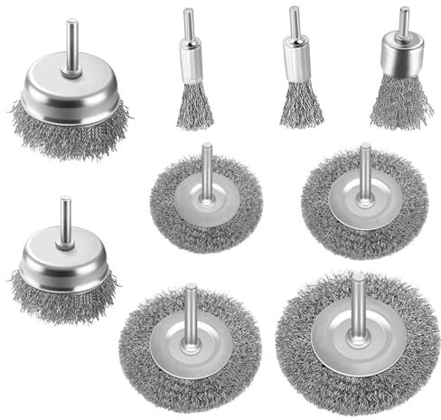 9 Stück Drahtbürste Bohrmaschine Set, Rundschaft 6mm - Scheibenbürsten 38, 50, 65, 75 mm, Topfbürste 38, 50 mm, Pinselbürste 16, 20, 25 mm, Schaft zum Reinigen von Rost, Flocken und Schleifmitteln