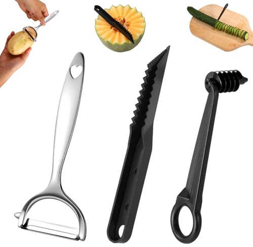 3pcs Vegetable Spiral Cutter with V-Cutter & Peeler Set, Manual ABS Plastic Spiralizer Slicer & Zinc Alloy Peeler Practical Kitchen Knife Tool for Potatoes Carrots Cucumbers Fruits