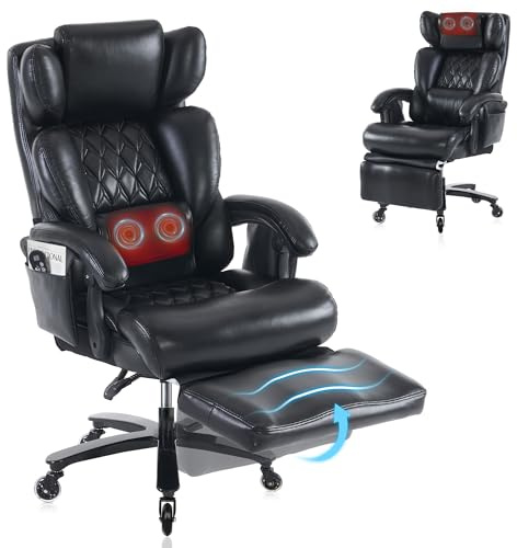 DEKKETO Oversized Massage Office Chair with Footrest and Headrest, Black | PU Leather, 3 Detachable Cushions, Heated Massage Cushion, 100°-160° Recline, 0°-90° Footrest, Silent Caster, 225 kg Capacity