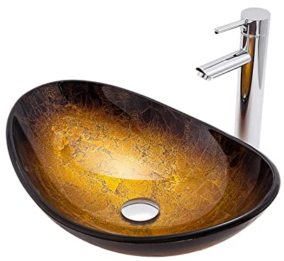 Lavandino da appoggio per Bagno, lavabo da appoggio in Vetro temperato Artistico, lavabo da appoggio Ovale, Installazione su Piano, lavandini per Mobile da Bagno con Rubinetto in Ottone, Sca
