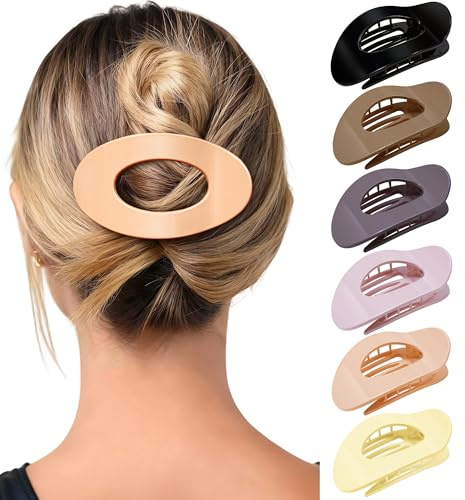 Mesovor 6 Pack Flat Hair Claw Clips, 4.33 Nonslip Large Round Lay Flat Hair Clips | Strong Hold French Flat Hairclips for Lying Down, Yoga, Driving (Neutral Polished)