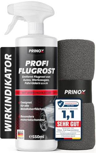 Prinox Profi Flugrostentferner Spray 550ml + Premium Tuch - Entfernt hartnäckigen Flugrost & Industriestaub - Lackreiniger für Autolack & Felgen mit hoher Reinigungsleistung zum Entfernen von Flugrost