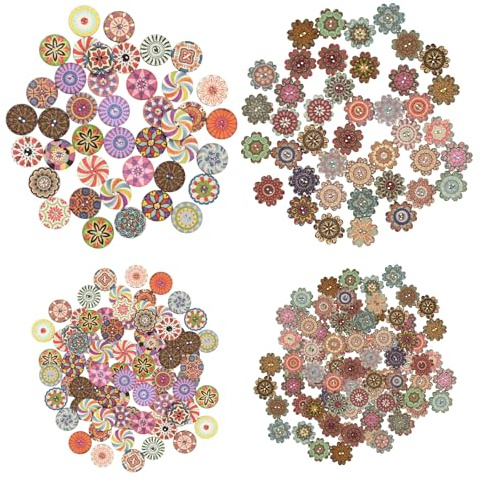 300 Pièces Boutons Ronds en Bois de 15mm 20mm, Boutons Peinture de Fleurs Vintage à Motifs Floraux Mixtes avec 2 Trous, Buttons Mercerie Rétro pour Bricolage Couture Artisanat Décoratif