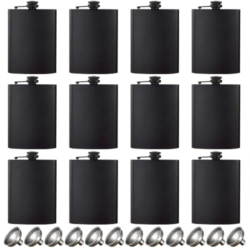 TQIOQIY Hip Flasks for Liquor, 12 pcs 8Oz Matte Black Stainless Steel Flask,with 12 Funnel for Gifts,Fishing, Camping, Hiking, Wedding Party, Traveling,Groomsman Bridesmaid Birthdays Gift