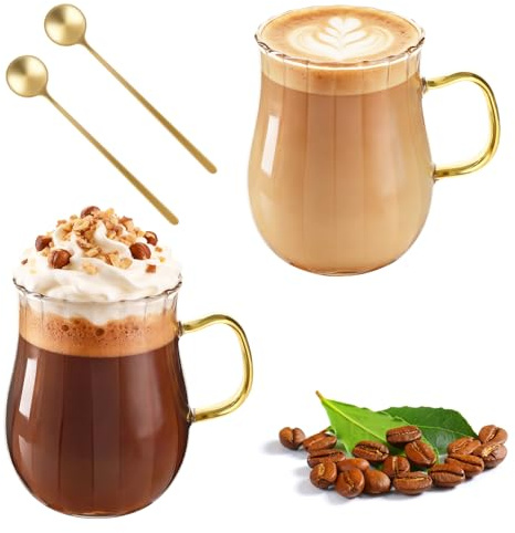 LOOFORE 2 Pack Ribbed Glass Coffee Mugs with Handle, 350 ml (12 oz) Clear Borosilicate Glass Cups with Spoon, Latte Glasses for Cappuccino, Macchiato, Tea, Milk, Juice, Cold & Hot Beverages