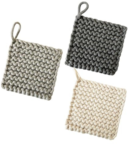 Presine da Cucina Quadrate 3 Pezzi in Cotone Intrecciato | Tappetini Isolanti Fatti a Mano, Texture Antiscivolo, Adatti a Tavola Quotidiana e Catering