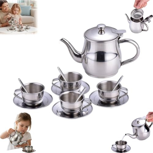 2026 Upgraded Kids Stainless Steel Tea Set,13Pcs Unbreakable Pretend Play Kitchen Accessories, Safe Heat-Resistant Teapot & Cups for Toddlers, Montessori Educational Toy Gift for Boys Girls