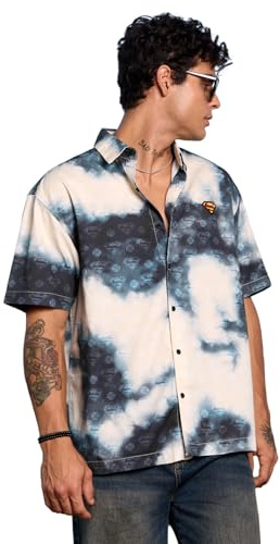 The Souled Store Superman Batikskjorta för män och pojkar, kortärmad, bred krage, bruten vit och blå, batikfärg, avslappnad, lätt, överlappande axlar, streetwear, trendig, Krämfärgad, M