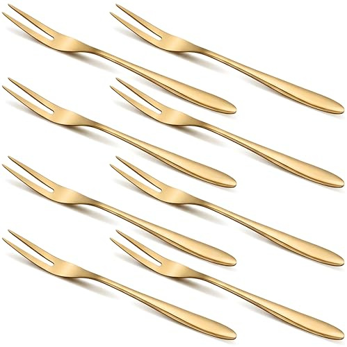 8 stycken fruktgafflar i 18/8 rostfritt stål, mini små gafflar för lunchlåda, pommesgaffel mellanmål pikser spett, fingermat, dessertgafflar picker gaffel mat plektrum tårtgafflar fruktspett (guld)