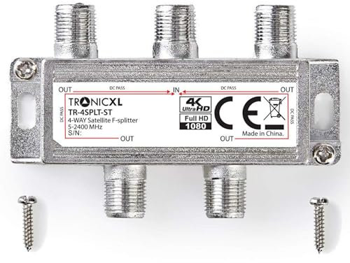 TronicXL Distribuidor digital de antena de satélite de 4 vías, cable DVBC DVBS DVBT DVBS2 DVBT2 divisor HD TV 4 vías TV TV Switch suave conector F distribuidor de línea raíz BK unicable