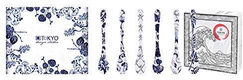 TOKYO design studio Flora Japonica 6-er Löffel-Set blau-weiß, 13 cm lang, asiatisches Porzellan, Japanisches Blumen-Design, inkl. Geschenk-Verpackung