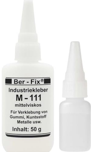 Ber-Fix Industriekleber M111 50g + Leerflasche + 3 Feindüsen | Industriekleber M111 50g mit Feindüsen für präzise Metall-, Gummi-, Modellbau- und Werkstattklebungen.