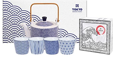 TOKYO design studio Nippon Blue Tee-Set blau-weiß, 5-TLG., 1x Tee-Kanne 0,8 l und 4X Tee-Tassen 180 ml, asiatisches Porzellan, Japanisches Design, inkl. Geschenk-Verpackung