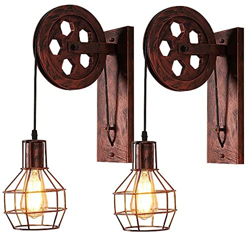 iDEGU 2 Stück Wandleuchten Vintage Wandleuchte im Industrial Design Retro Lampe Holz Riemenscheibe 1 flammige Hängelampe für Wohnzimmer Küche Restaurant (Kupferrost)