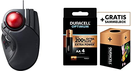 ELECOM Kabelgebundene Fingerbedienung, große Trackball-Maus + Duracell NEU Optimum AA Mignon Alkaline-Batterien