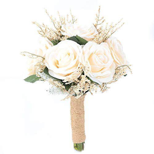IVAYNE Wedding Romantic Bouquet Bridesmaid Artificial Flowers Handmade Vintage Bouquet (8in, Off-White)