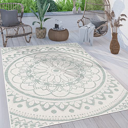 Paco Home Outdoor Teppich wetterfest & robust modernes Mandala & Boho Design pflegeleicht & flachgewebt für Balkon, Terrasse, Garten, Wohnzimmer & Küche Ethno Mandala, Grösse:80x150 cm, Farbe:Türkis
