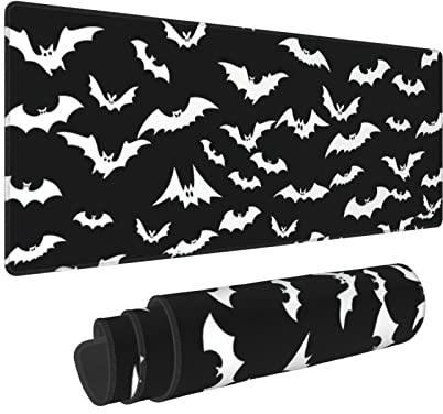 Halloween Full Bats Black White Spooky Mouse Pad XL Extended Desk Mat, Non Slip Rubber Base Stitched Edge Gaming Pc Desktop Large Mice Pad,31.5 x 11.8 Inch