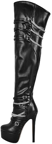 blingqueen Frauen Overknee Stiefel Plateau Gothic Stiefel mit Metall Ketten Schnallen Kunstleder Schwarz 38 EU