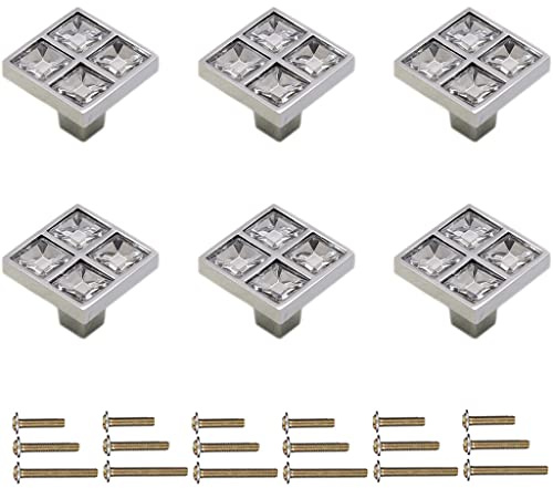 Sinyiol 6Pcs Square Crystal Glass Dresser Drawer Knobs Handles Pulls,Modern Decorated Shiny Cabinet Konbs Zinc Alloy Pulls Handles for Cupboard Wardrobe Dresser Doors (Single Hole, Silver, 6 Pack)