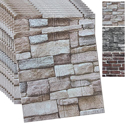 10PCS 3D Wall Panels Peel and Stick 3D Brick Wallpaper Peel and Stick Faux Stone Wall Panel Foam Brick Self-Adhesive Wallpaper (Rock,10pcs)