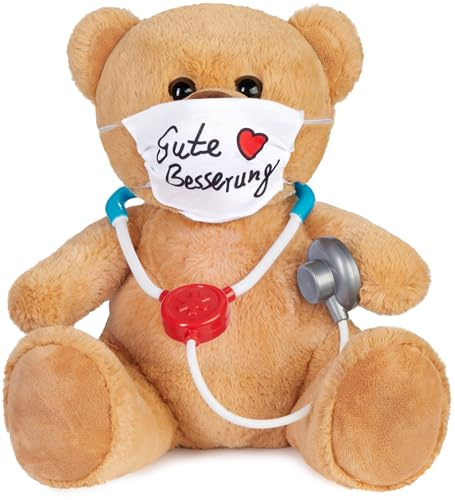 BRUBAKER Teddy Plüschbär mit Mundschutz und Stethoskop - Gute Besserung - 35 cm - Teddybär mit Arzt Shirt Weiß - Plüschteddy Kuscheltier Schmusetier - Braun Hellbraun