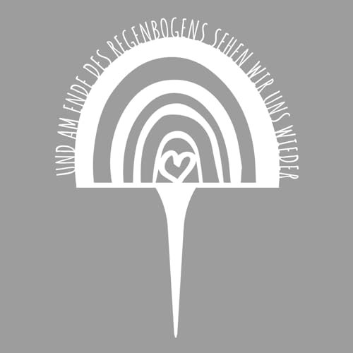 Illumino Grabstecker Wetterfester Grabschmuck mit Regenbogen Motiv Grabdeko Friedhof Regenbogen Stahl weiß pulverbeschichtet mit Trauer Spruch, Trostgeschenke, Grabgesteck