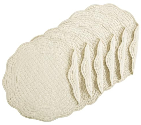 HOMBYS Quilted Placemats Set of 6 Washable Round Placemats for Kitchen Table-100% Cotton Fabric 14 Inch Round Table Mats, Cotton Fabric with Microfiber Filling, (14x14, Flax)