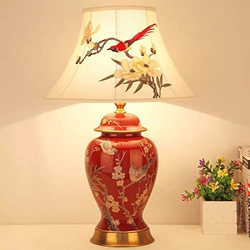 Mengjay Klassische Vintage Art Keramik Tischlampe, Vase-Like-Tuch Lesebuch-Licht Schreibtischlampe Porzellan-Antike Blumen verzierte Nacht Birne Beistelltisch Dresser Schlafzimmer/Wohnzimmer (Rot)