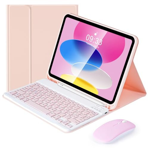 Funda para iPad 10a-10.9 2022 QWERTY, teclado Bluetooth inalámbrico extraíble, Rosa