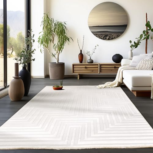 HomebyHome Kurzflor Teppich Wohnzimmer 120x170 cm Creme Modern Skandinavisch Boho Design Einfarbig 3D Effekt Weich Waschbar Pflegeleicht für Schlafzimmer Esszimmer Küche
