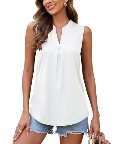 WNEEDU Camiseta de Verano para Mujer Camisetas con Cuello V Blusa Camisas Sin Mangas Casual Tank Tops(Blanco,L)