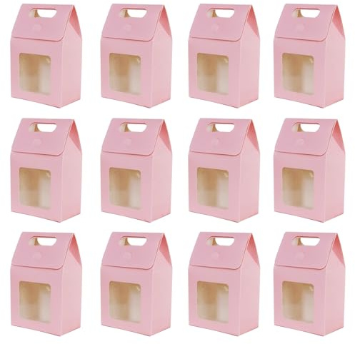 Fayemint 12 Stück Kraftpapier Verpackungsbeutel, 10 x 6 x 15cm, Geschenktüte mit Fenster, Rosa Kraftpapiertüten, für Verpacken von Bankettgeschenken, Keksen und Süßigkeiten (Rosa)