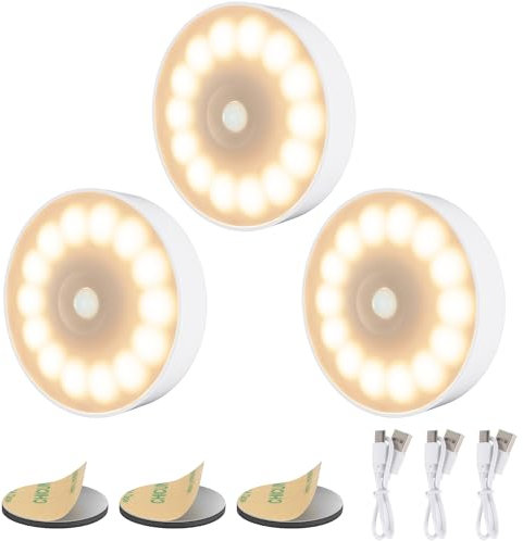 Electight 14 LEDs Sensor de Movimiento para Interiores, 3 Pack Luz Nocturna Recargable por USB, 3 Modos, para Dormitorio, Armarios, Pasillo, Escaleras, Entrada (Amarillo Cálido)