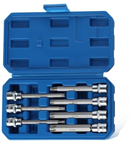 LEONTOOL Juego de llaves de estrella Torx extralargas de 3/8 pulgadas, juego de llaves Torx largas T25 a T60, juego de brocas Torx largas de 110 mm de longitud, juego de llaves Torx de impacto, llaves