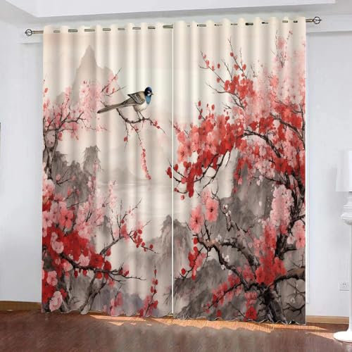 NYSMGS Vorhang Blickdicht Kirschblüten Vögel 3D Verdunklungsvorhänge mit Ösen Gardinen Landschaft Rot Microfaser Schlafzimmer Vorhang Wetterfest für Wohnzimmer Kinderzimmer 2er Set 2 x 91x214 cm