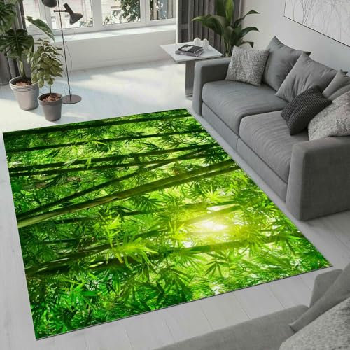 ROUSKI Bambus Teppich Wohnzimmer Schlafzimmer 3D Muster Design Grüner Wald Teppiche rutschfest Waschbarer Kurzflor Teppich Grösse 160x230 cm Flauschig Weich Soft Home Outdoor Carpet Matte