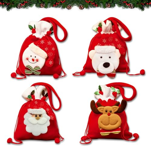 HYran Weihnachten Geschenkbeutel - 4 Stück Geschenktüten, Süßigkeiten Tüten, Nikolaussäckchen Mit Kordelzug