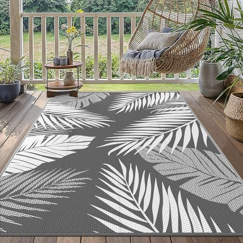 GENIMO Tappeto da Esterno Antipioggia,Impermeabili Eeversibili Lavabili,Tappeto per Terrazze,Giardini,Camper,Picnic,Balcone,150x240cm,Grigio & Bianco