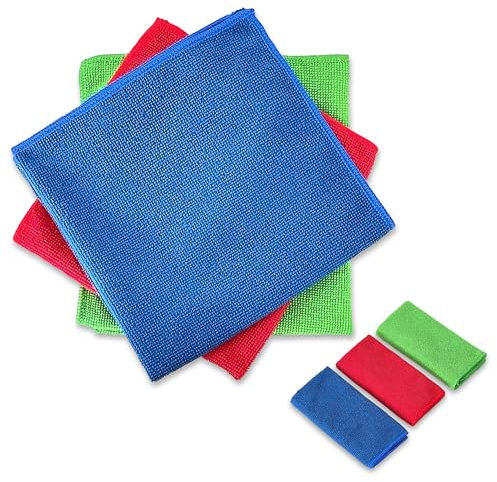 Purfie Premium Microfiber Cloth-Pack of 12-Large 40x40cm-Ultra-Soft Thick Highly Absorbent Lint-Free Cleaning Cloths-Reusable Microfibre Cleaning Cloth for Kitchen Car Home All Surface-Blue Red Green